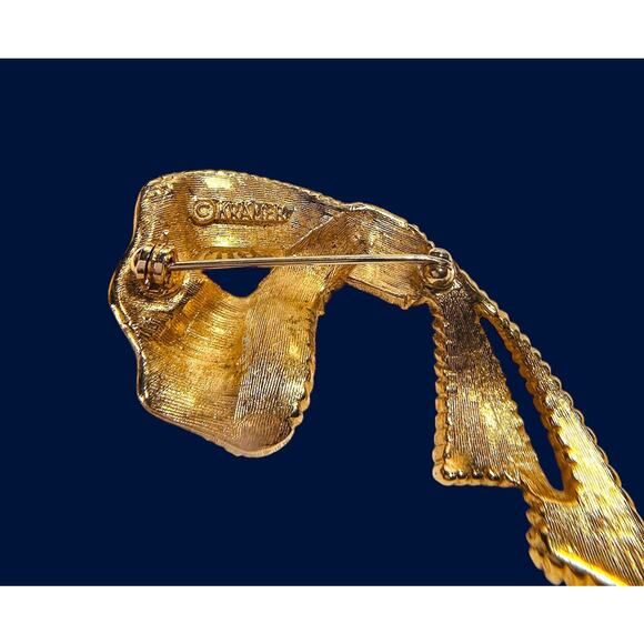 Vintage Kramer Ribbon Knot Half Bow Gold Toned With Rhinestones Pin Brooch - Picture 5 of 8